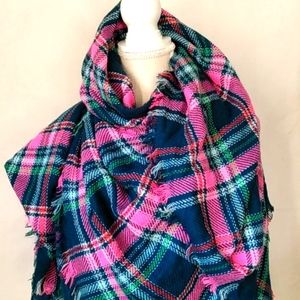 Y2K Scarf Shawl Wrap Pink Blue Plaid Fringed Hem Large